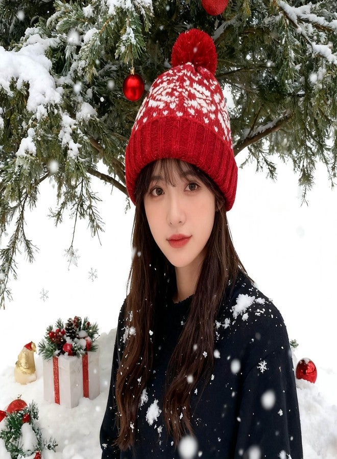 Mawjom Women Winter Knitted Cap Beanie Soft Warm Hat with Red Snowflake - Image 3